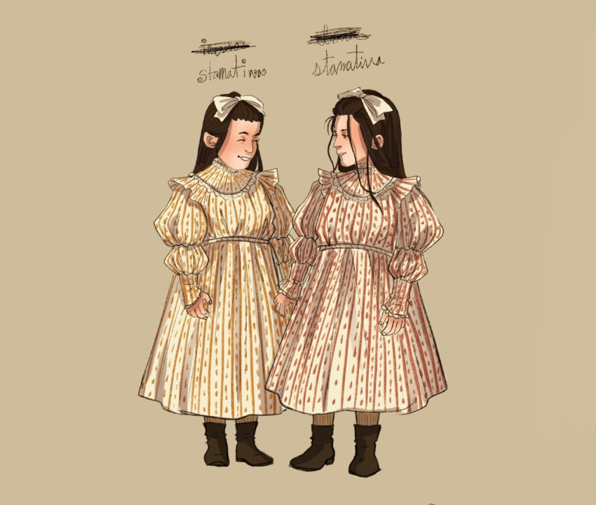 2boys, alternate_costume, alternate_hairstyle, andrey_stamatin, beige_socks, brown_hair, brown_shoes, childhood