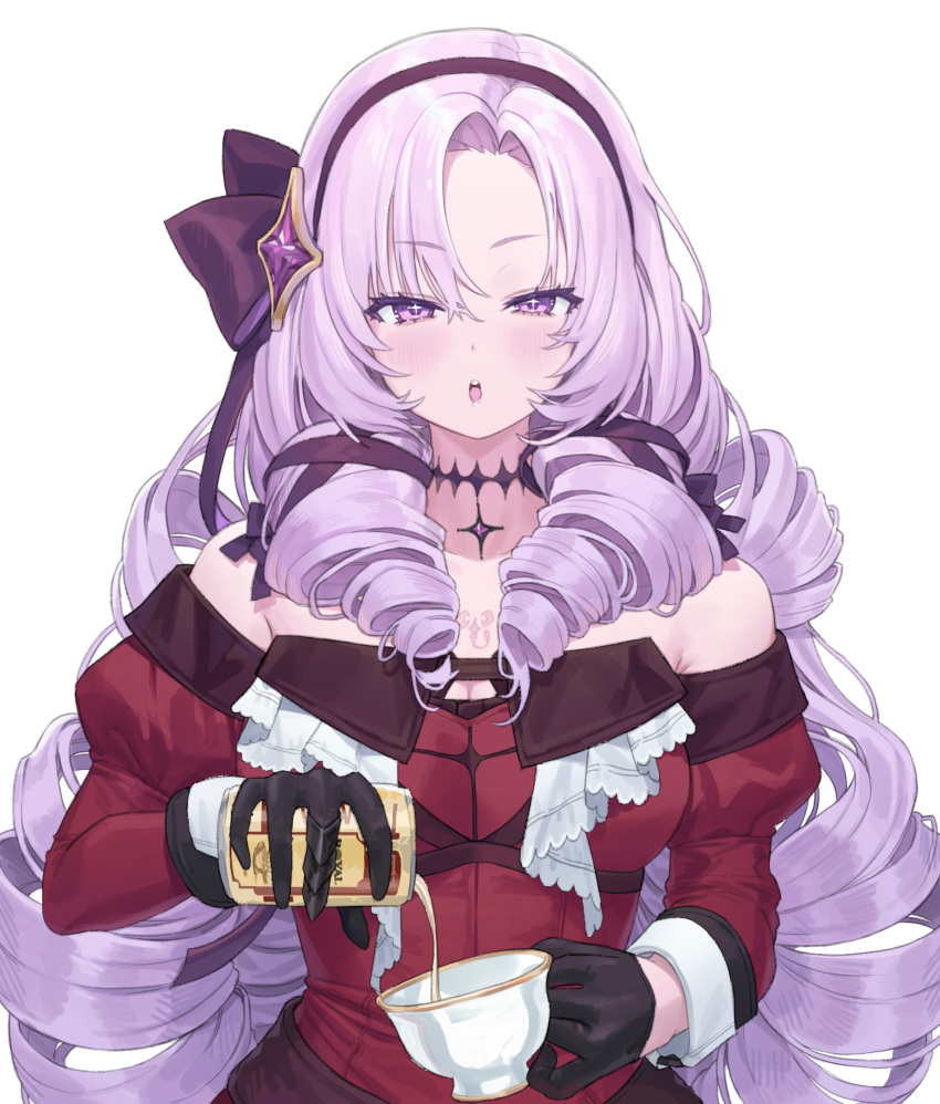 1girl, absurdres, breasts, can, choker, cup, curly_hair, detached_sleeves
