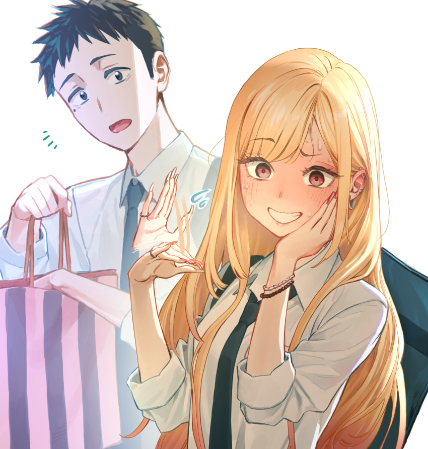 1boy, 1girl, bag, bangs, barbell_piercing, bead_bracelet, beads, black_hair, blonde_hair, blue_necktie, blush, bracelet, collared_shirt, colored_tips, ear_blush, earrings, embarrassed, eyebrows_visible_through_hair, fake_nails, fingernails, gojou_wakana, hand_on_own_cheek, hand_on_own_face, highres, holding, holding_bag, industrial_piercing, jewelry, kitagawa_marin, long_fingernails, long_hair, matsu_bokkuri, mole, mole_under_eye, multicolored_hair, multiple_earrings, necktie, open_mouth, paper_bag, parted_bangs, piercing, pink_nails, red_eyes, ring, school_bag, school_uniform, shirt, short_hair, simple_background, sleeves_rolled_up, smile, sono_bisque_doll_wa_koi_wo_suru, stud_earrings, sweat, upper_body, very_long_hair, waving, white_background, white_shirt