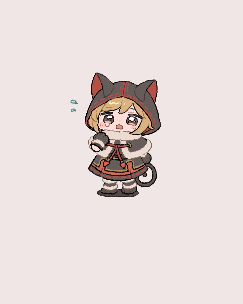 1girl, animal_hands, animal_hood, bangs, black_dress, blonde_hair, blush_stickers, brown_background