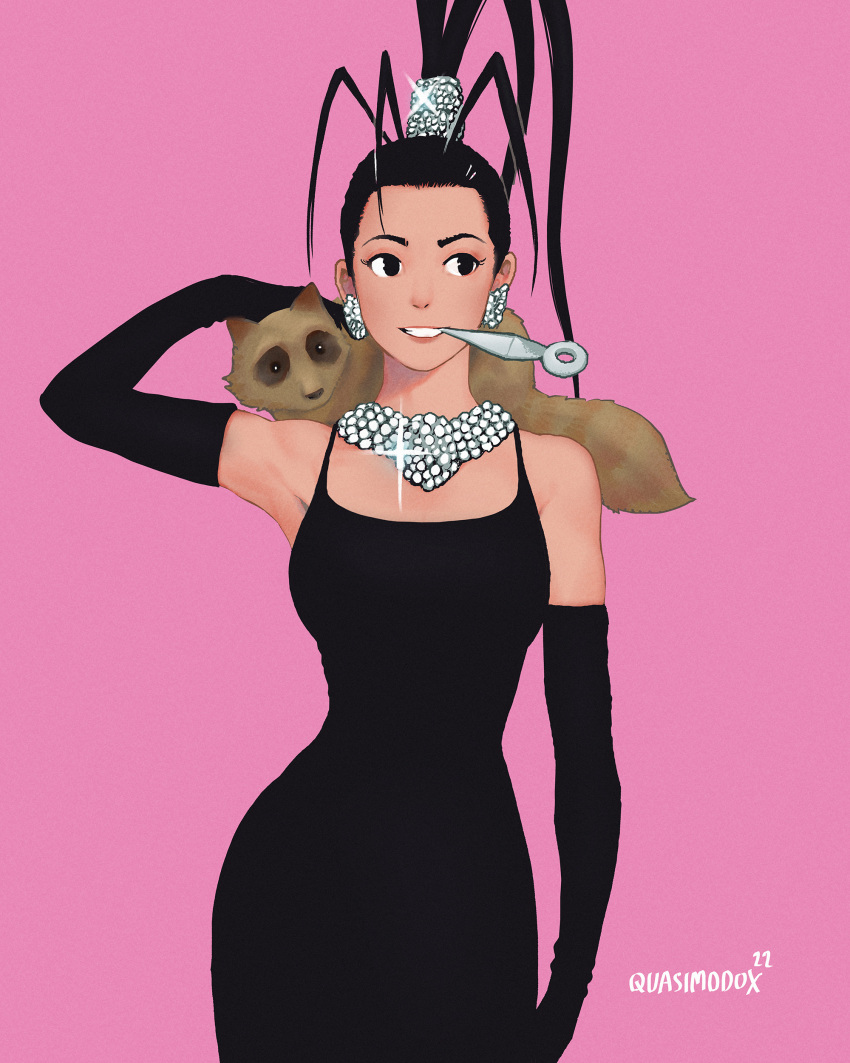 1girl, absurdres, animal, animal_on_shoulder, antenna_hair, arm_up, armpits, audrey_hepburn, black_dress, black_eyes, black_gloves, black_hair, breakfast_at_tiffany's, breasts, commentary_request, contrapposto, cosplay, cowboy_shot, diadem, don_(street_fighter), dress, earrings, elbow_gloves, gloves, hair_ornament, hair_pulled_back, highres, holly_golightly, holly_golightly_(cosplay), ibuki_(street_fighter), jewelry, kunai, lips, long_hair, looking_to_the_side, medium_breasts, mouth_hold, narrow_waist, necklace, parody, parted_lips, pink_background, ponytail, quasimodox, sideways_glance, signature, simple_background, smile, solo_focus, sparkle, split_ponytail, standing, street_fighter, tanuki, upper_body, very_long_hair, weapon