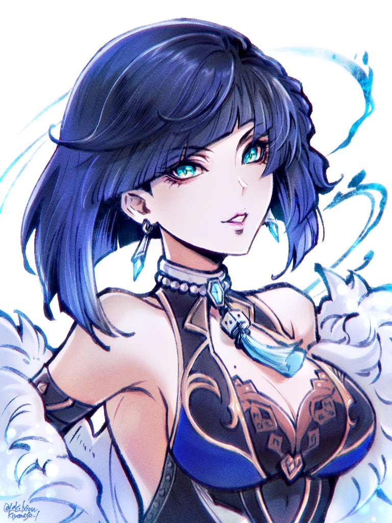 1girl, bangs, bare_shoulders, black_hair, bob_cut, breasts, diagonal_bangs, earrings, eyebrows_visible_through_hair, feather-trimmed_jacket, genshin_impact, green_eyes, jewelry, large_breasts, leki_ixion, looking_at_viewer, mole, mole_on_breast, neck_tassel, parted_lips, short_hair, solo, tassel_choker, upper_body, yelan_(genshin_impact)