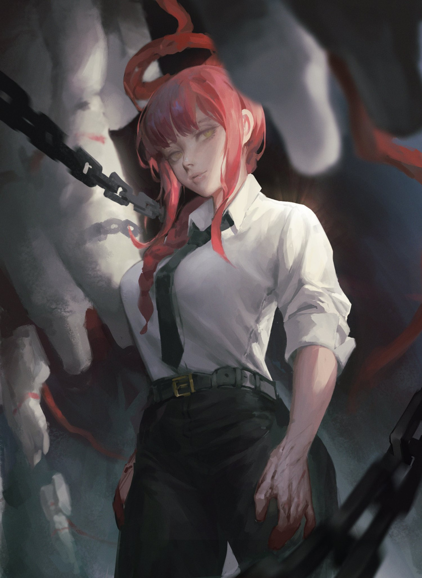 1girl, 5others, astronaut, bangs, belt, black_necktie, blood, blood_on_hands