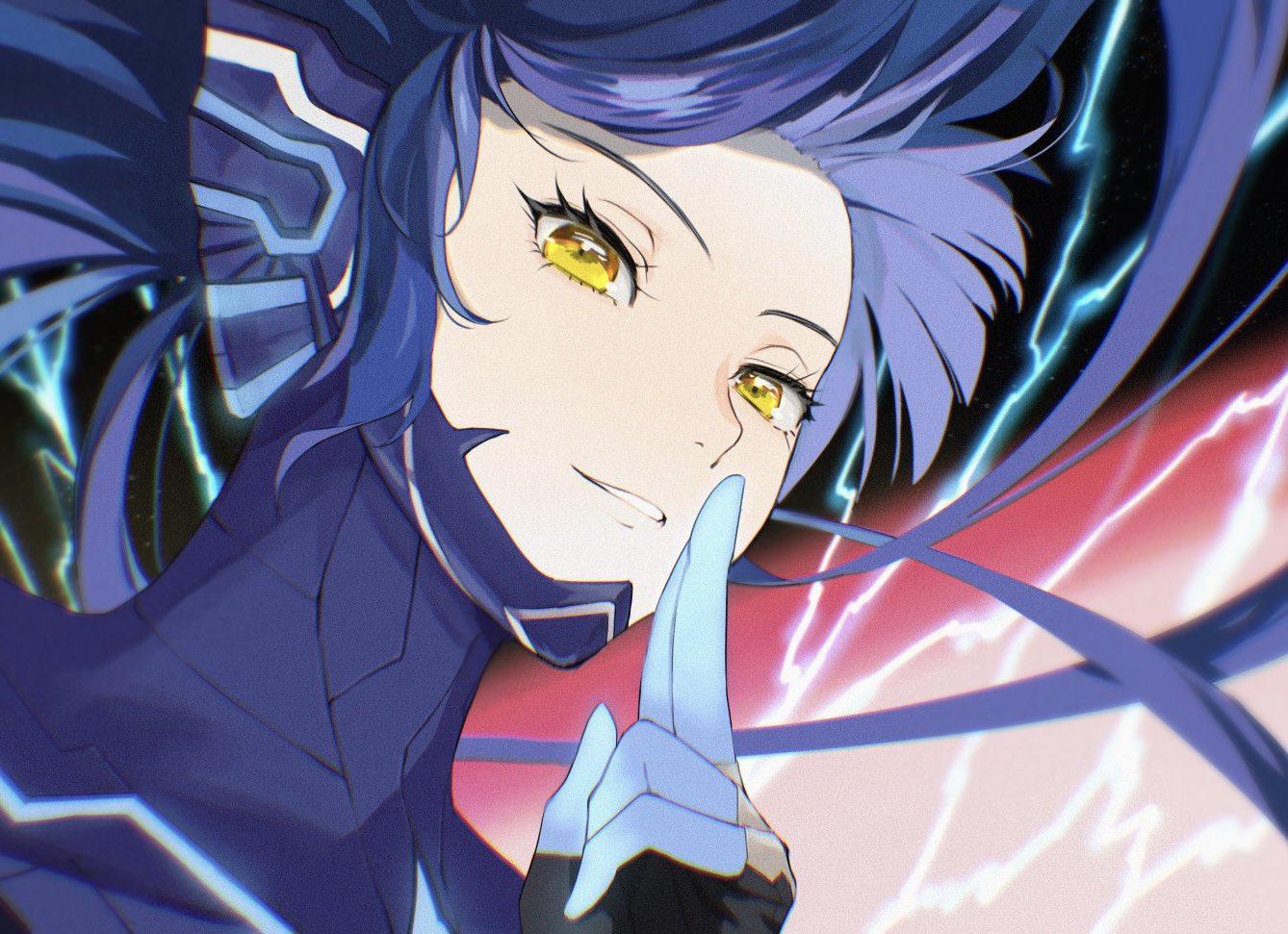 1boy, androgynous, armor, bangs, bodysuit, donbee937, electricity, eyelashes