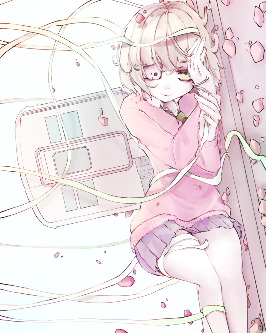 1girl, bandages, cellphone, collared_shirt, english_commentary, grey_hair, ground_vehicle, highres