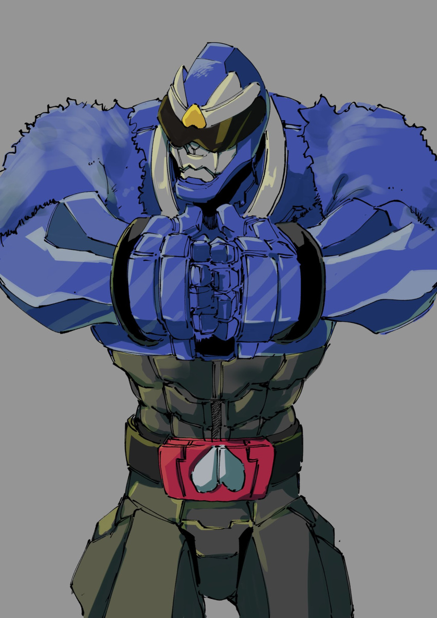 1boy, abs, avataro_sentai_donbrothers, black_pants, blue_fur, clenched_hands, gorilla, highres
