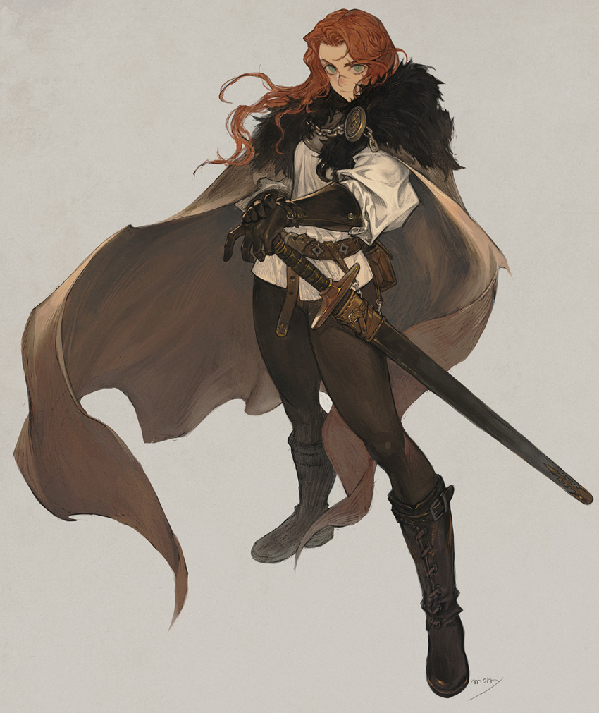 1girl, belt, belt_buckle, boots, buckle, cape, fur_collar, fur_trim