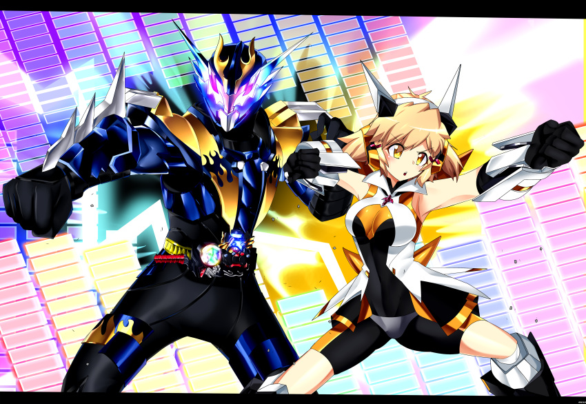 1boy, 1girl, absurdres, armor, bare_shoulders, belt, bodysuit, breasts