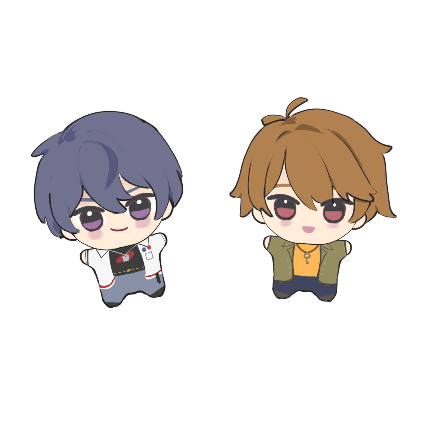 2boys, ahoge, antenna_hair, bangs, black_shirt, blush, breast_pocket, chibi