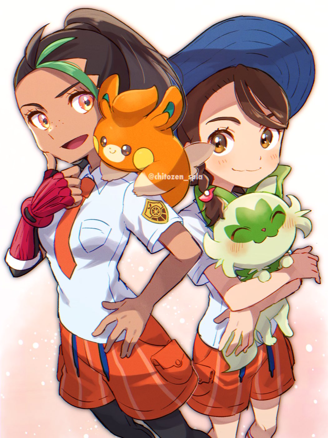 2girls, black_legwear, blue_headwear, blush, brown_hair, chitozen_(pri_zen), closed_mouth, collared_shirt, commentary_request, eyelashes, female_protagonist_(pokemon_sv), freckles, gloves, green_hair, hand_on_hip, hat, highres, holding, holding_pokemon, knees, looking_at_viewer, multicolored_hair, multiple_girls, necktie, nemona_(pokemon), on_shoulder, orange_necktie, orange_shorts, pantyhose, pawmi, pokemon, pokemon_(creature), pokemon_(game), pokemon_on_shoulder, pokemon_sv, ponytail, red_gloves, shirt, short_sleeves, shorts, single_glove, smile, sprigatito, streaked_hair, twitter_username, watermark, white_shirt
