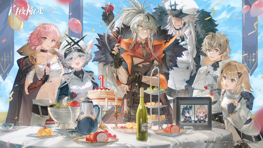 2boys, 4girls, :d, absurdres, alchemy_stars, animal_ear_fluff, animal_ears, balloon, bandaged_arm, bandages, bandeau, bangs, barton_(alchemy_stars), black_choker, black_coat, black_gloves, blue_eyes, blue_sky, bottle, breasts, brown_hair, cake, candle, candlestand, champagne_flute, chest_sarashi, choker, coat, coat_on_shoulders, company_name, copyright, copyright_name, cup, day, drinking_glass, fingerless_gloves, food, fur_trim, gloves, grey_hair, highres, hiiro_(alchemy_stars), holding, holding_cup, looking_at_viewer, midriff, multiple_boys, multiple_girls, navel, navigator_(alchemy_stars), official_art, open_mouth, philyshy_(alchemy_stars), pink_hair, plate, ponytail, reinhardt_(alchemy_stars), sarashi, scar, scar_on_arm, sharona_(alchemy_stars), short_hair, sky, small_breasts, smile, stomach, strapless, table, teacup, teapot, tiered_tray, tube_top, upper_body, vice_(alchemy_stars), violet_eyes, white_headwear, wine_bottle, wine_glass, wrath_(alchemy_stars)