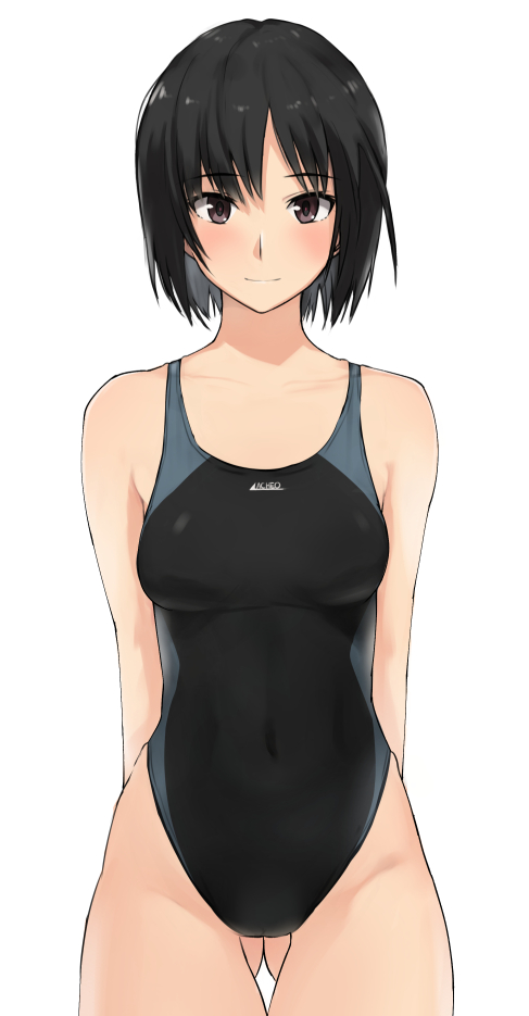 1girl, amagami, arms_behind_back, ass_visible_through_thighs, black_hair, black_swimsuit, breasts, brown_eyes