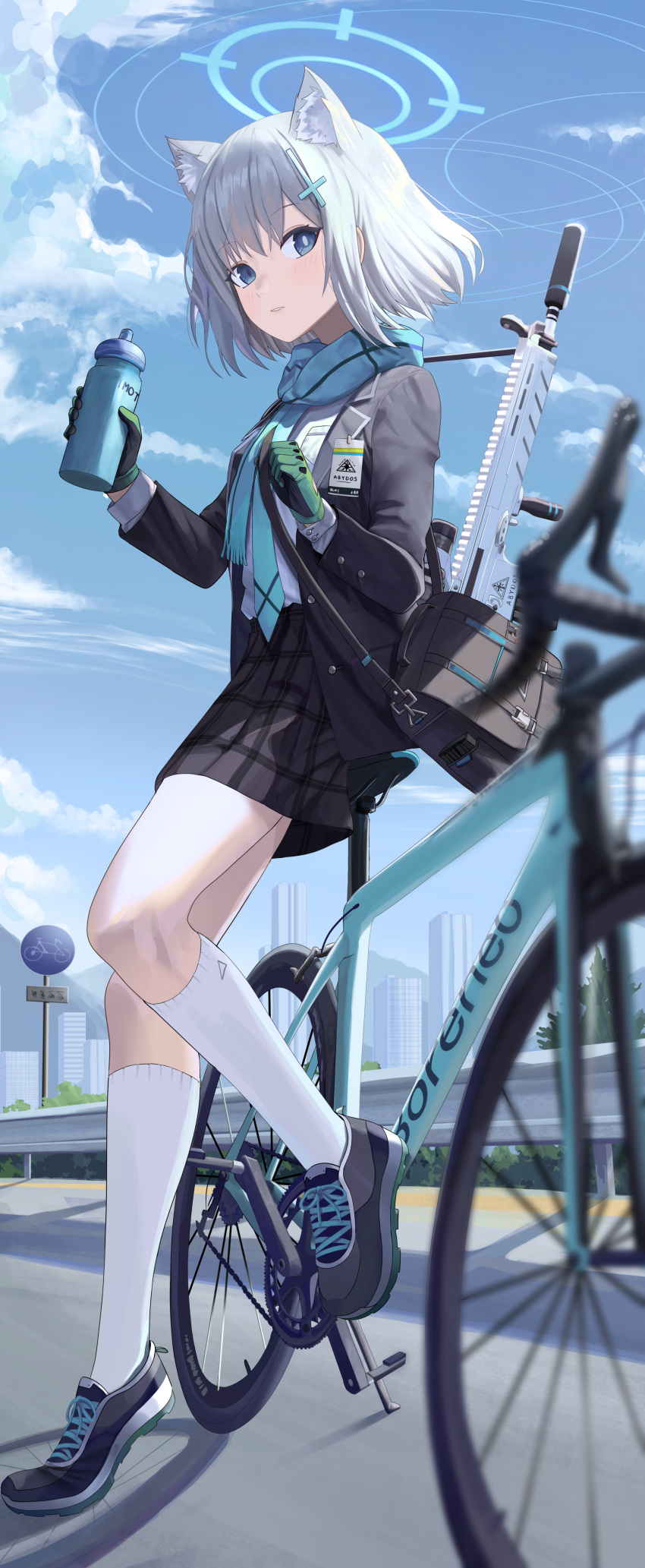 1girl, absurdres, animal_ears, assault_rifle, bag, bangs, bicycle, blue_archive