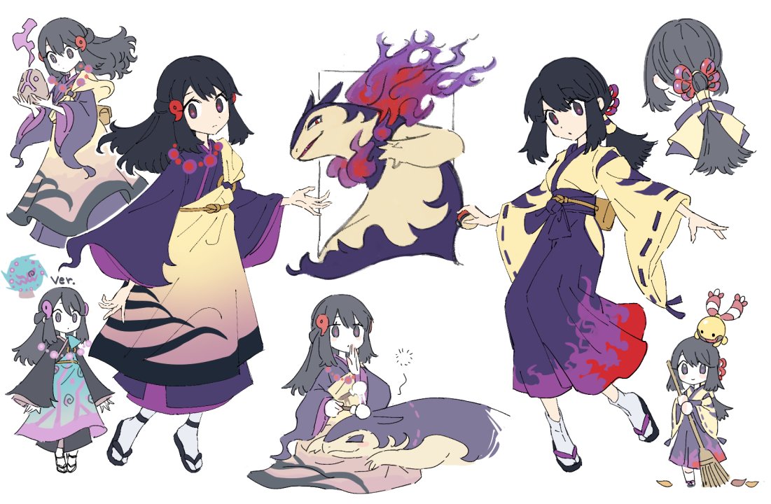 1girl, akari_(pokemon), alternate_color, back_hair, bangs, broom, chingling, closed_mouth, commentary, cosplay, hair_ornament, hairclip, hand_up, hisuian_typhlosion, hisuian_typhlosion_(cosplay), holding, holding_broom, holding_pokemon, japanese_clothes, kimono, leaf, long_hair, looking_at_viewer, looking_down, noii, on_lap, pokemon, pokemon_(creature), pokemon_(game), pokemon_legends:_arceus, pokemon_on_lap, ponytail, purple_skirt, sandals, shiny_pokemon, skirt, socks, spiritomb, white_legwear, wide_sleeves, yellow_kimono