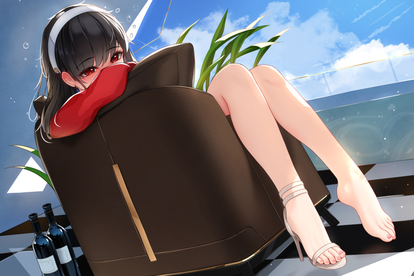 1girl, bangs, black_hair, blush, bottle, covered_mouth, damao_yu, eyebrows_visible_through_hair, hairband, high_heels, highres, long_hair, long_sleeves, outdoors, red_eyes, sitting, solo, spy_x_family, toes, white_footwear, white_hairband, wine_bottle, yor_briar