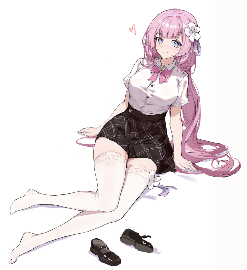 1girl, bangs, black_skirt, blue_eyes, bow, bowtie, elf, elysia_(honkai_impact)