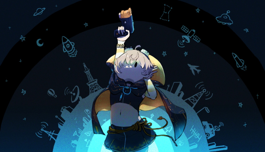 1girl, ahoge, aircraft, airplane, aqua_theme, arm_behind_head, arm_up, bangs