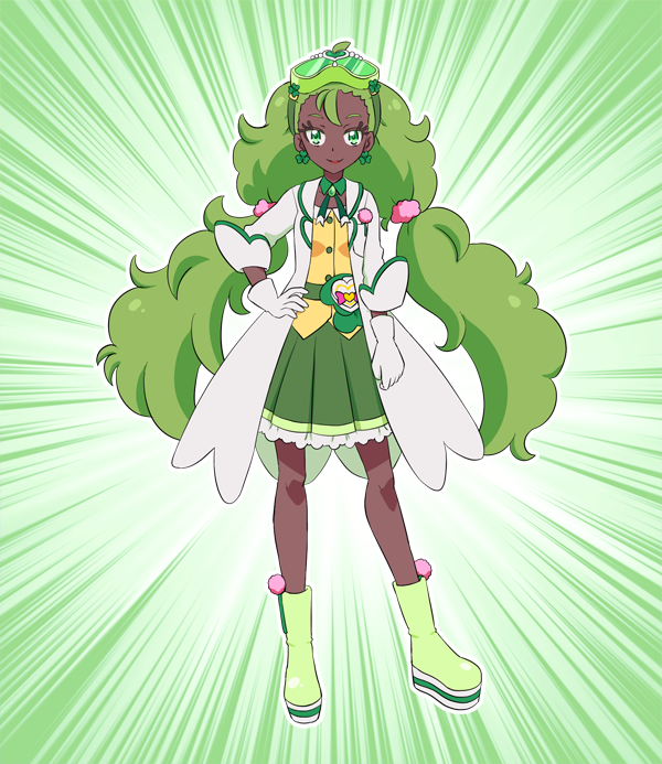 1girl, breasts, clover_earrings, dark-skinned_female, dark_skin, earrings, gloves, goggles, goggles_on_head, green_eyes, green_footwear, green_hair, green_skirt, hapuriainen, hugtto!_precure, jacket, jewelry, long_hair, original, precure, shirt, skirt, small_breasts, twintails, white_gloves, white_jacket, yellow_shirt