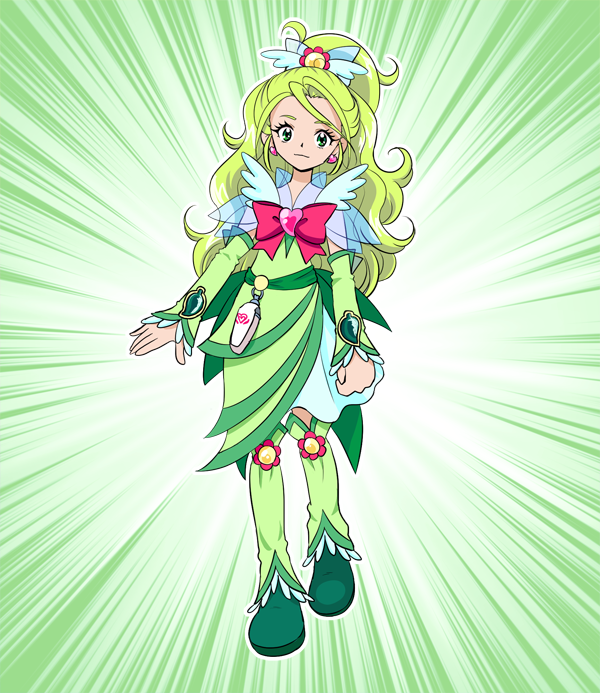 1girl, blonde_hair, breasts, detached_sleeves, dress, earrings, futari_wa_precure_splash_star, green_dress