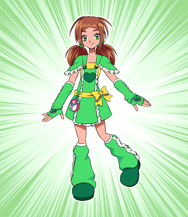 1girl, breasts, brown_hair, fingerless_gloves, freckles, futari_wa_precure, gloves, green_eyes