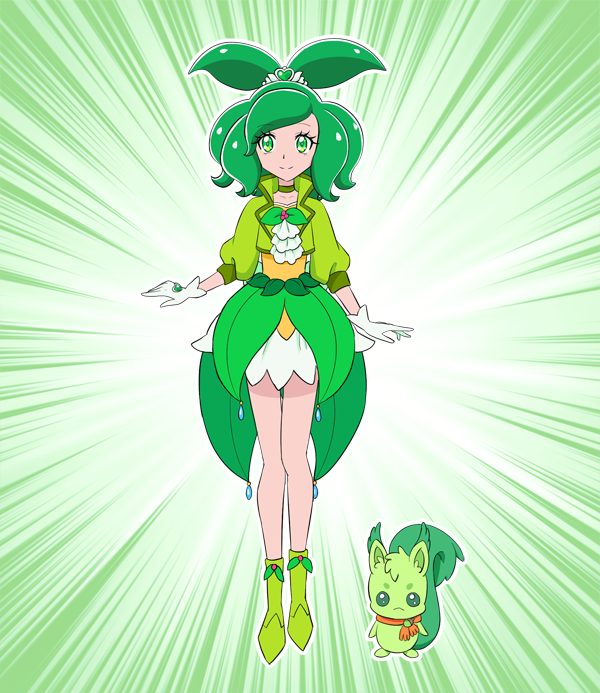 1girl, breasts, gloves, green_eyes, green_footwear, green_hair, green_shirt, green_skirt