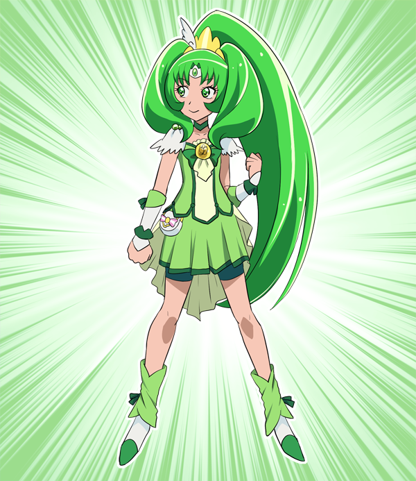 1girl, breasts, choker, cure_march, green_choker, green_eyes, green_footwear, green_hair