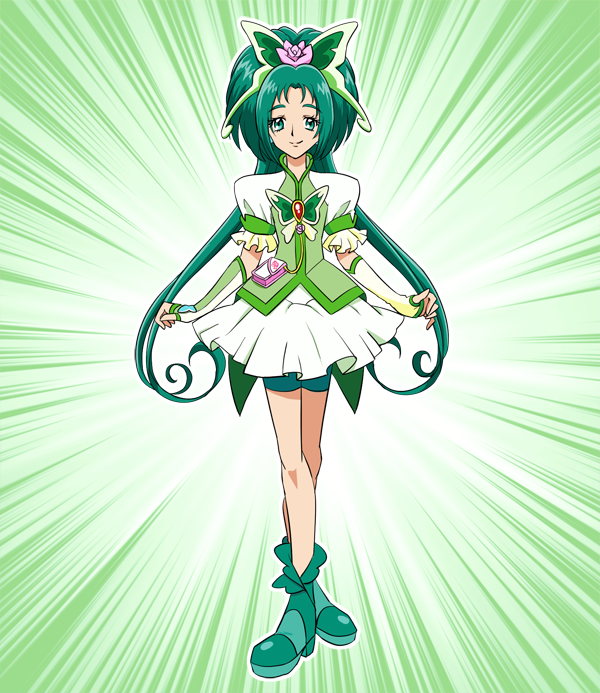 1girl, akimoto_komachi, bow, breasts, cure_mint, green_bow, green_eyes, green_footwear