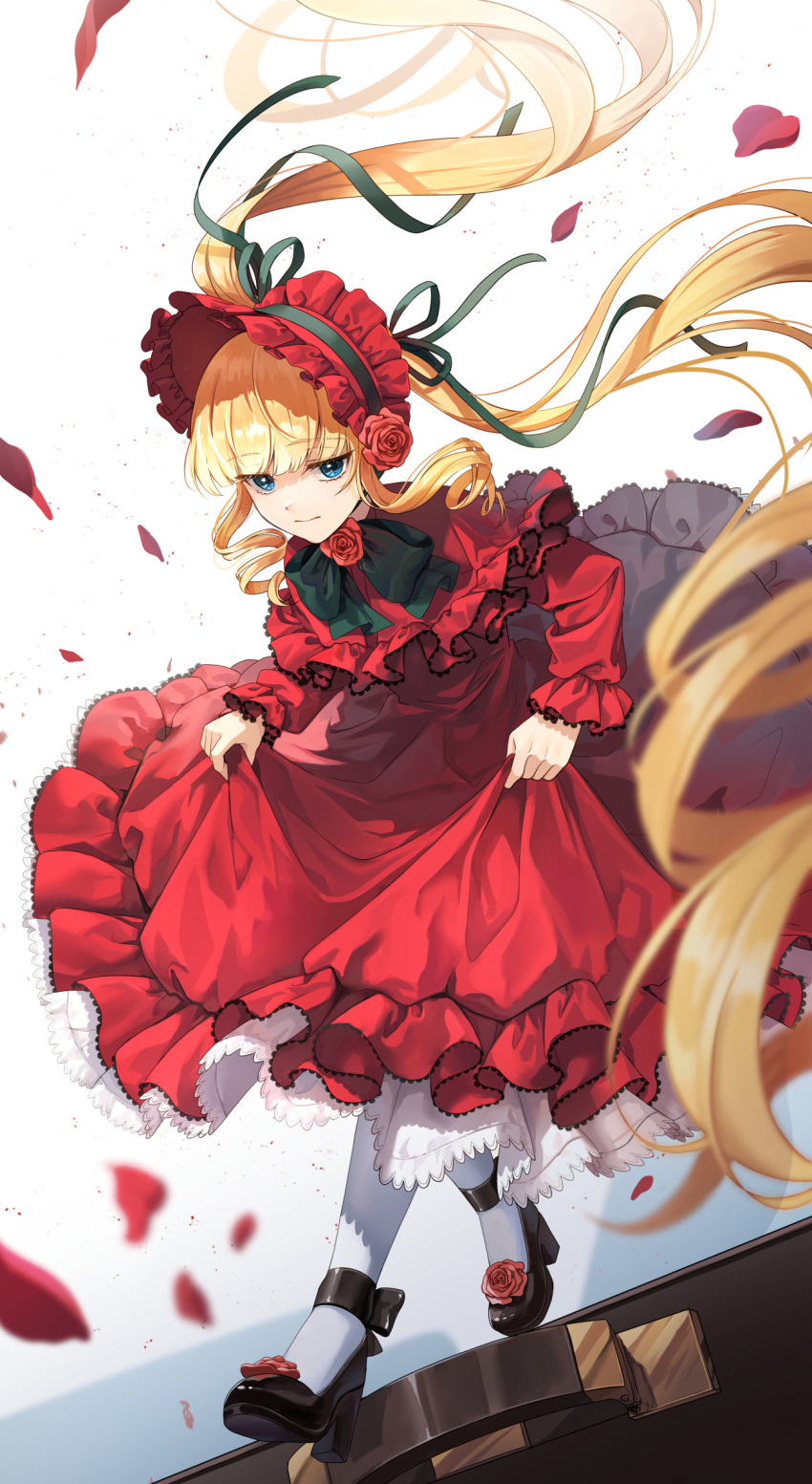 1girl, ankle_cuffs, bangs, blonde_hair, blue_eyes, blunt_bangs, bonnet, bow, clothes_lift, commentary_request, dress, dress_bow, dress_flower, dress_lift, drill_hair, expressionless, eyebrows_visible_through_hair, falling_petals, flower, frilled_dress, frills, hat, hat_flower, highres, lolita_fashion, long_hair, looking_at_viewer, mary_janes, pantyhose, petals, petticoat, plus1024, red_dress, red_headwear, rose, rose_petals, rozen_maiden, shinku, shoe_flower, shoes, simple_background, twin_drills, very_long_hair, white_background, white_legwear