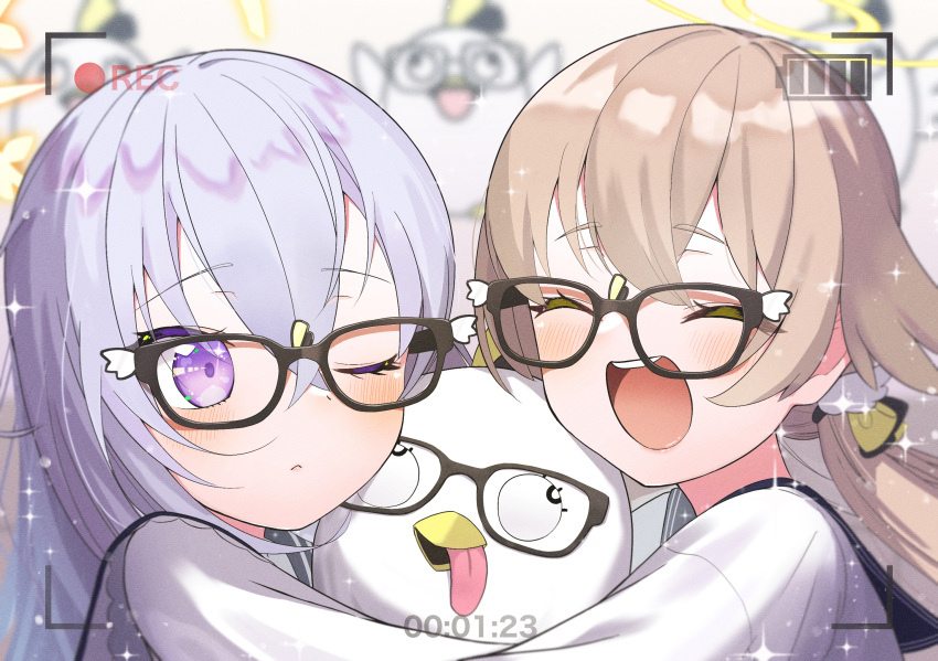 2girls, azusa_(blue_archive), battery_indicator, bespectacled, blue_archive, blush, cal_minutes, camcorder