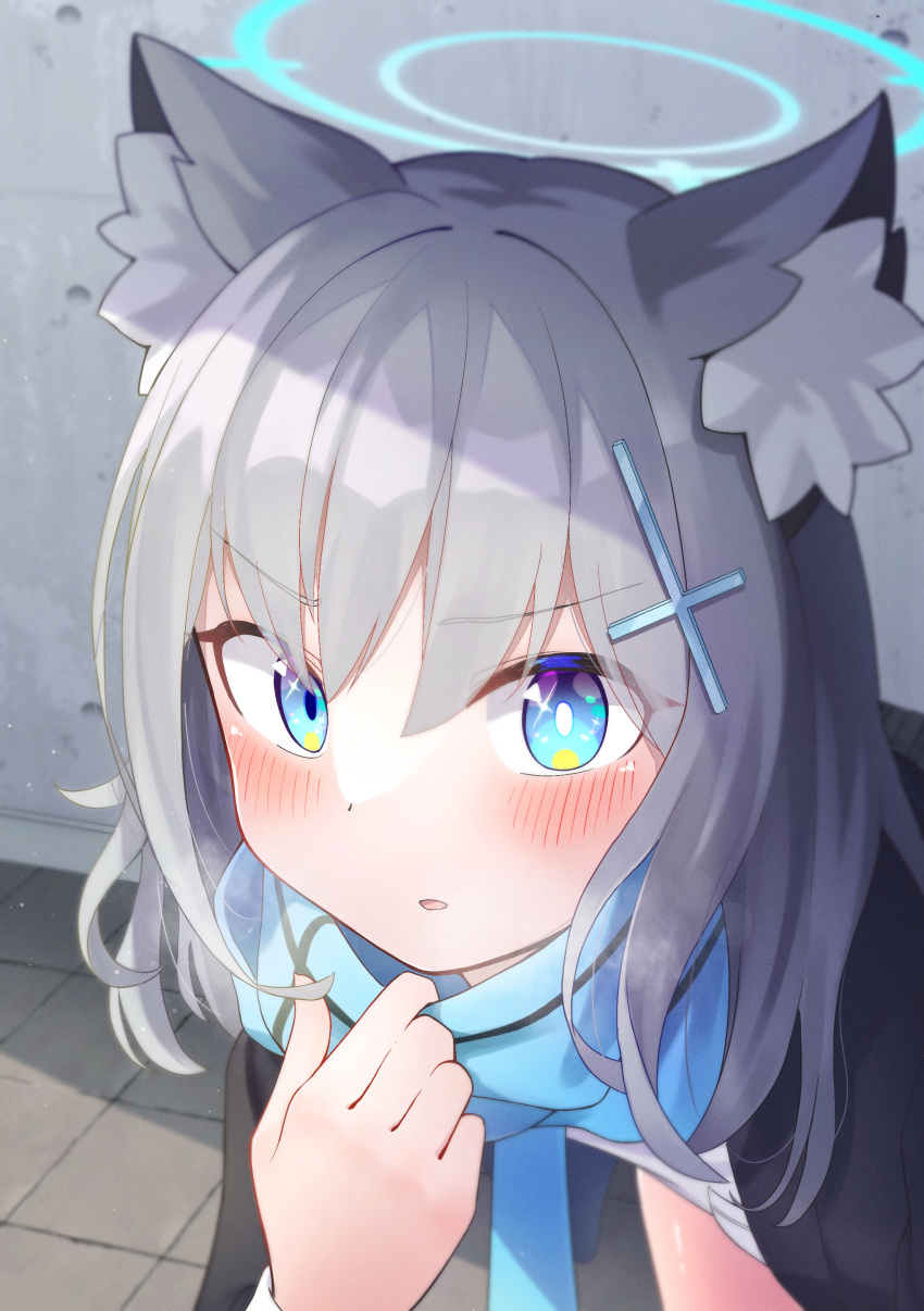 1girl, absurdres, animal_ear_fluff, animal_ears, blue_archive, blue_eyes, blue_necktie, blue_scarf