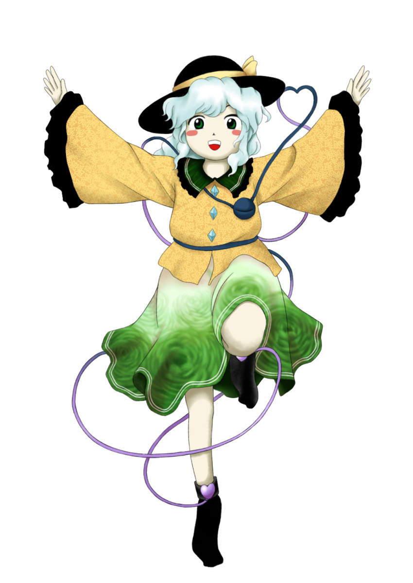 1girl, :d, \o/, aqua_hair, arms_up, bangs, black_headwear, black_legwear, blush_stickers, buttons, commentary_request, crystal, floral_print, frilled_shirt_collar, frilled_sleeves, frills, full_body, glico, glico_man, gradient_skirt, green_eyes, green_skirt, hat, hat_ribbon, heart, heart_of_string, highres, komeiji_koishi, leg_up, long_hair, long_sleeves, looking_at_viewer, open_mouth, outstretched_arms, parasite_oyatsu, print_shirt, print_skirt, ribbon, shirt, simple_background, skirt, sleeves_past_wrists, smile, socks, solo, spread_arms, standing, standing_on_one_leg, touhou, white_background, wide_sleeves, yellow_ribbon, yellow_shirt, zun_(style)