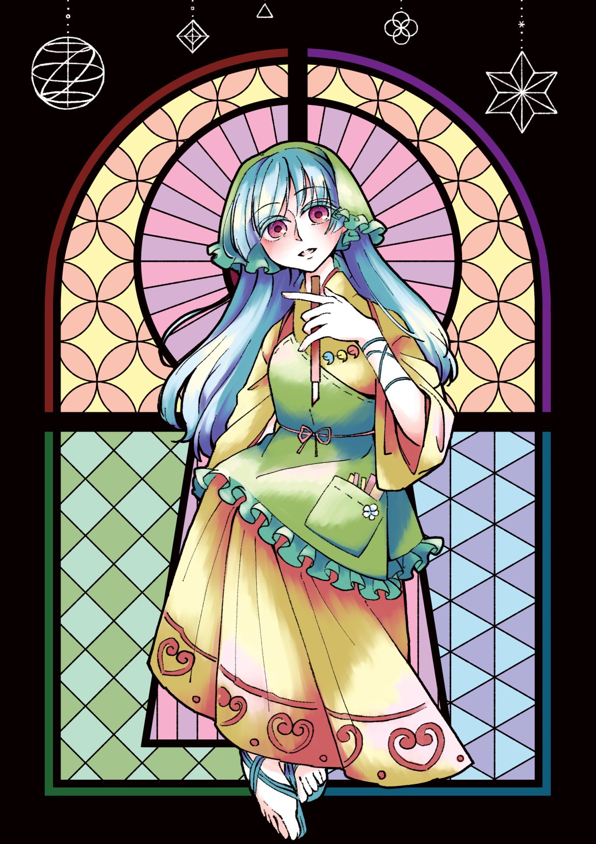 1girl, apron, blue_hair, dress, eyebrows_visible_through_hair, green_apron, green_headwear, haniyasushin_keiki, head_scarf, highres, hurumizuya, knife, long_hair, looking_at_viewer, magatama, magatama_necklace, open_mouth, paintbrush, pink_eyes, pliers, ribbon, sandals, tools, touhou, vitreous, wily_beast_and_weakest_creature, yellow_dress