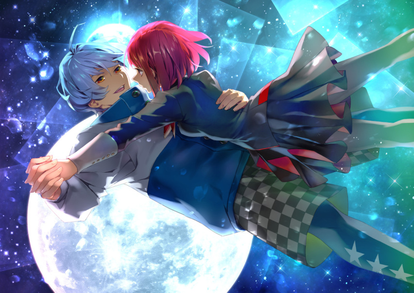 1boy, 1girl, :d, ahoge, black_skit, blue_hair, blue_jacket, charade_maniacs
