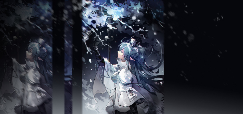 1girl, absurdres, arknights, arm_up, black_gloves, blue_eyes, blue_hair, blurry, braid, breasts, bukui_shi_wo, closed_eyes, closed_mouth, coat, cowboy_shot, dark_background, dragon_horns, from_side, gloves, highres, horns, lantern, large_breasts, ling_(arknights), long_hair, long_sleeves, multiple_views, open_clothes, open_coat, pointy_ears, profile, solo, very_long_hair, white_coat, wide_sleeves