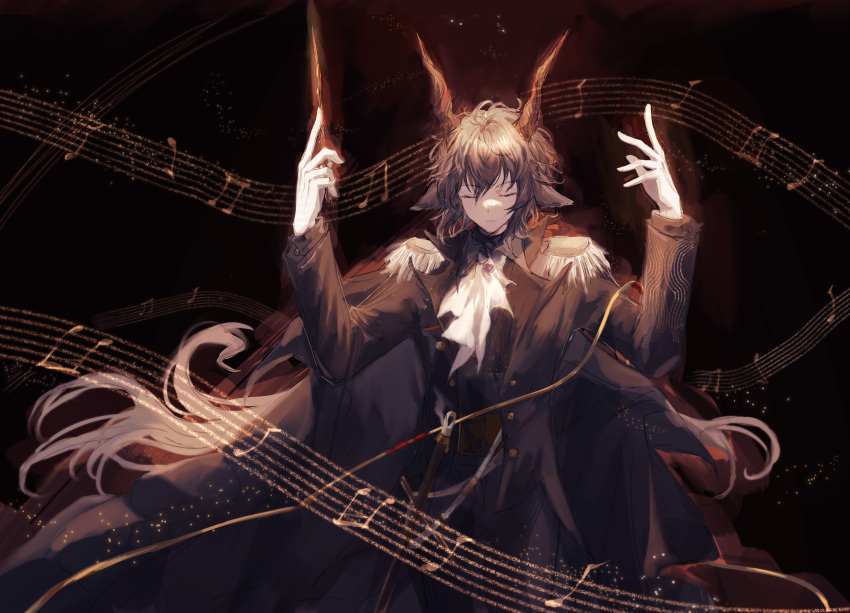 1boy, absurdres, animal_ears, arknights, ascot, bangs, baton_(conducting), black_jacket