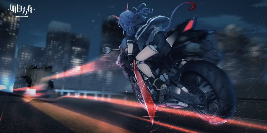 1girl, absurdres, arknights, armored_personnel_carrier, ass, black_footwear, black_gloves, black_jacket, black_shorts, blue_hair, boots, building, c4t_(c4t004), ch'en_(arknights), chasing, city, copyright_name, dragon_girl, dragon_horns, dragon_tail, full_body, gloves, ground_vehicle, highres, holding, holding_sword, holding_weapon, horns, jacket, knee_boots, light_particles, long_hair, low_twintails, motor_vehicle, motorcycle, night, open_clothes, open_jacket, outdoors, riding, road, short_shorts, short_sleeves, shorts, sitting, solo, street, sword, tail, twintails, weapon
