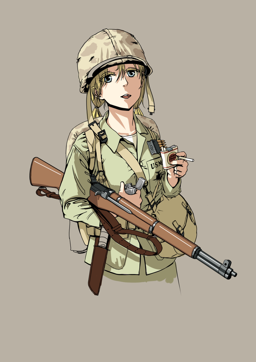 1girl, absurdres, backpack, bag, blonde_hair, blue_eyes, brown_bag, camouflage, camouflage_headwear, chin_strap, cigarette, cigarette_pack, collarbone, collared_shirt, commentary_request, green_pants, green_shirt, grey_background, gun, hair_between_eyes, helmet, highres, holding, holding_cigarette, holding_gun, holding_lighter, holding_weapon, knife, lighter, long_sleeves, looking_at_viewer, low_twintails, lucky_strike, magazine_(weapon), military_helmet, open_mouth, original, pants, rifle, shirt, shoulder_bag, simple_background, soldier, solo, tudou_jun, twintails, undershirt, upper_body, weapon, weapon_request, white_shirt, world_war_ii, zippo_lighter