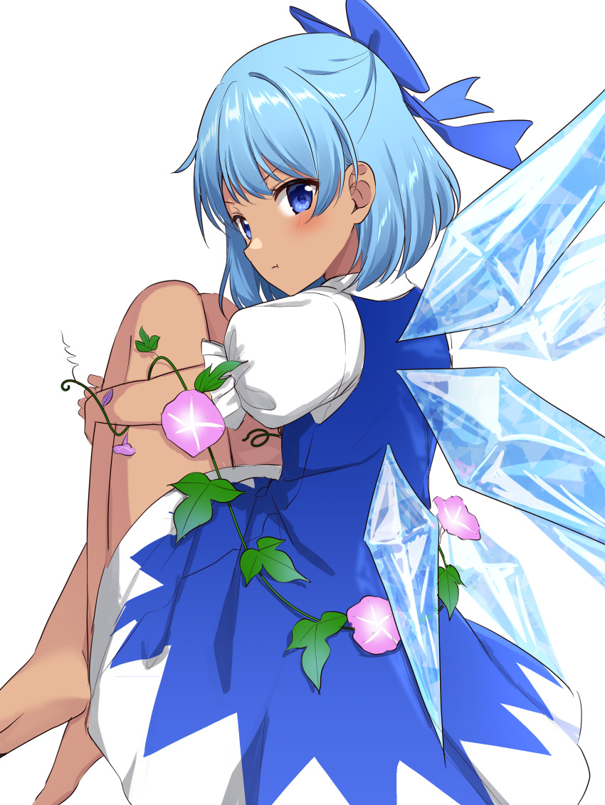 1girl, absurdres, arms_up, back, bangs, barefoot, blue_bow, blue_dress, blue_eyes, blue_hair, blush, bow, cirno, closed_mouth, collared_shirt, commentary_request, dress, eyebrows_visible_through_hair, eyes_visible_through_hair, flower, from_behind, hair_between_eyes, hands_up, highres, ice, ice_wings, leaf, looking_at_viewer, looking_back, nanohanalyon, puffy_short_sleeves, puffy_sleeves, purple_flower, shirt, short_hair, short_sleeves, simple_background, sitting, solo, tan, tanned_cirno, touhou, v-shaped_eyebrows, white_background, white_shirt, wings