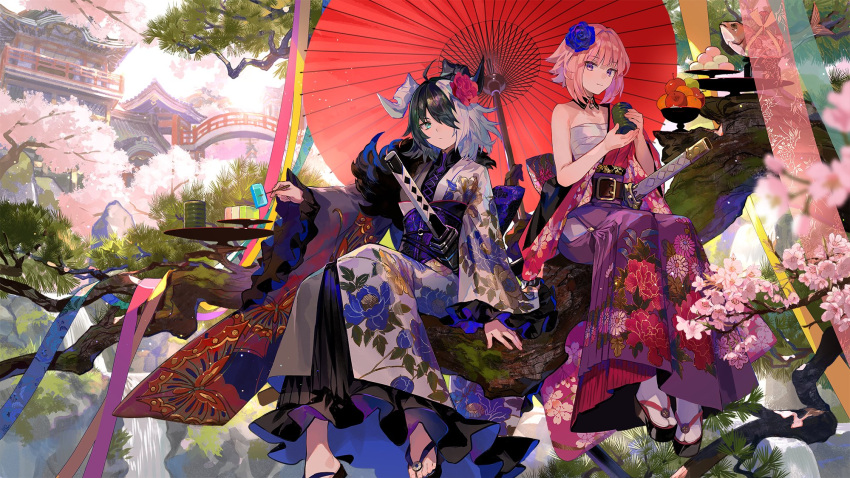 2girls, ahoge, alchemy_stars, alternate_costume, apple, architecture, bangs, belt