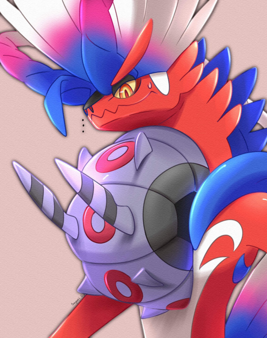..., closed_mouth, colored_sclera, commentary_request, fangs, highres, koraidon, looking_down, no_humans, orange_eyes, pokemon, pokemon_(creature), red_pupils, sayuri_d_(liliana86973943), signature, spikes, sweatdrop, whirlipede, yellow_sclera