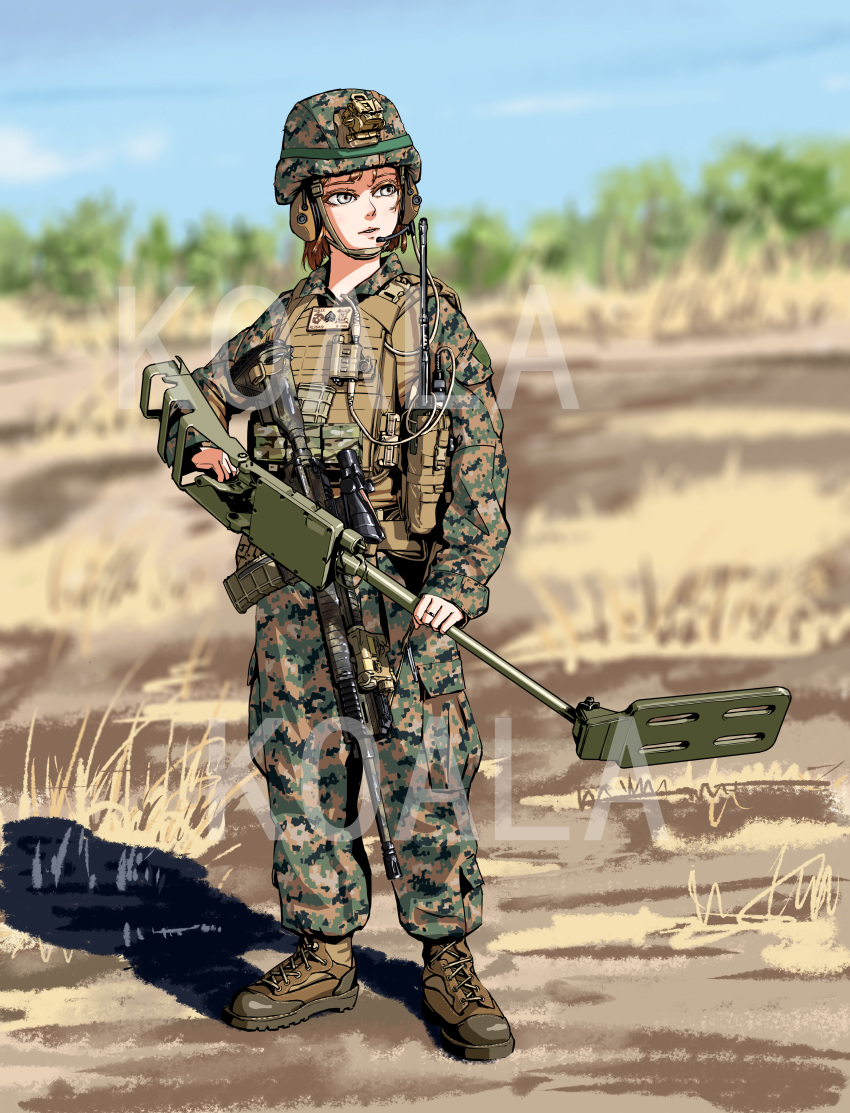 1girl, absurdres, assault_rifle, boots, brown_footwear, brown_hair, bulletproof_vest, camouflage
