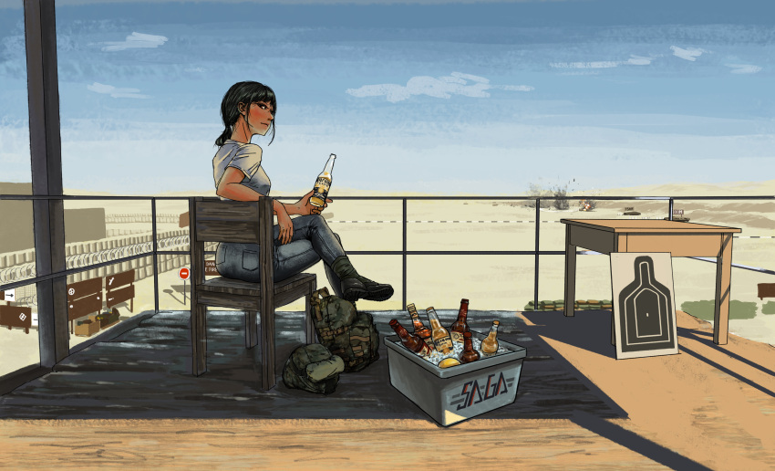 1girl, absurdres, ass, backpack, backpack_removed, bag, bangs, beer_bottle