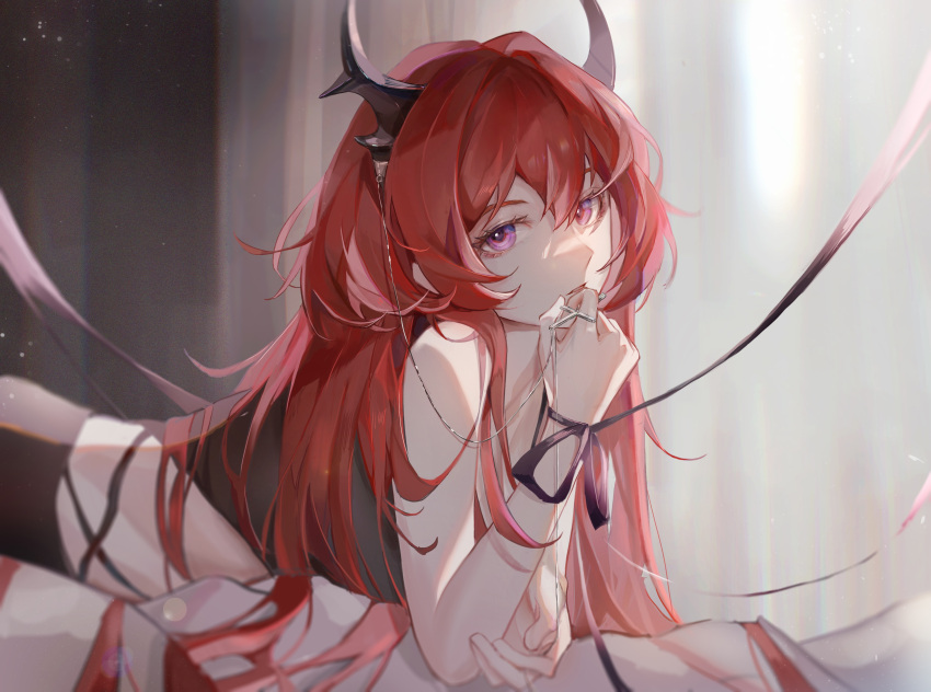 1girl, absurdres, arknights, bangs, bare_arms, bare_shoulders, black_ribbon, commentary_request, hair_between_eyes, highres, horns, indoors, long_hair, looking_at_viewer, lying, midriff, nininisama, on_stomach, parted_lips, redhead, ribbon, sleeveless, solo, surtr_(arknights), upper_body, violet_eyes, wrist_ribbon