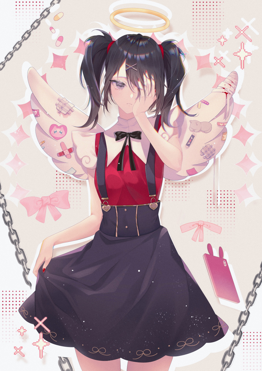 1girl, absurdres, ame-chan_(needy_girl_overdose), bandaged_wings, bandages, black_hair, black_ribbon, black_skirt