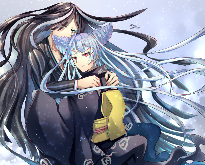 2girls, absurdres, annabell_(durch9sicht5), ayashimon, black_hair, black_kimono, hair_horns, hashihime_(ayashimon)