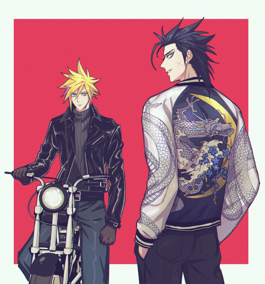 2boys, alternate_costume, aqua_eyes, asymmetrical_hair, belt, biker_clothes, black_hair, black_pants, blonde_hair, blue_flower, cloud_strife, dragon, earrings, embroidered_coat, final_fantasy, final_fantasy_vii, flower, gloves, ground_vehicle, gunbam, hair_between_eyes, hair_slicked_back, handlebar, hands_in_pockets, headlight, highres, jacket, jewelry, leather, leather_jacket, medium_hair, motor_vehicle, motorcycle, multiple_belts, multiple_boys, pants, parted_lips, red_background, scar, scar_on_face, short_hair, single_earring, smile, spiky_hair, turtleneck, upper_body, zack_fair