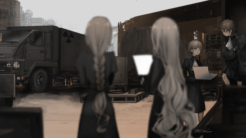 4girls, ascot, bad_id, bad_twitter_id, black_dress, black_gloves, black_jacket, blurry