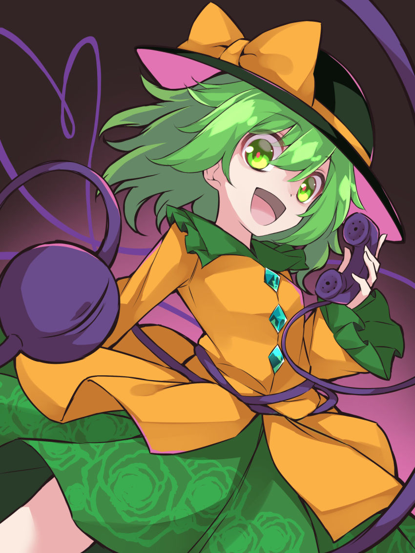 1girl, :d, black_headwear, blouse, breasts, commentary_request, cowboy_shot, eyeball