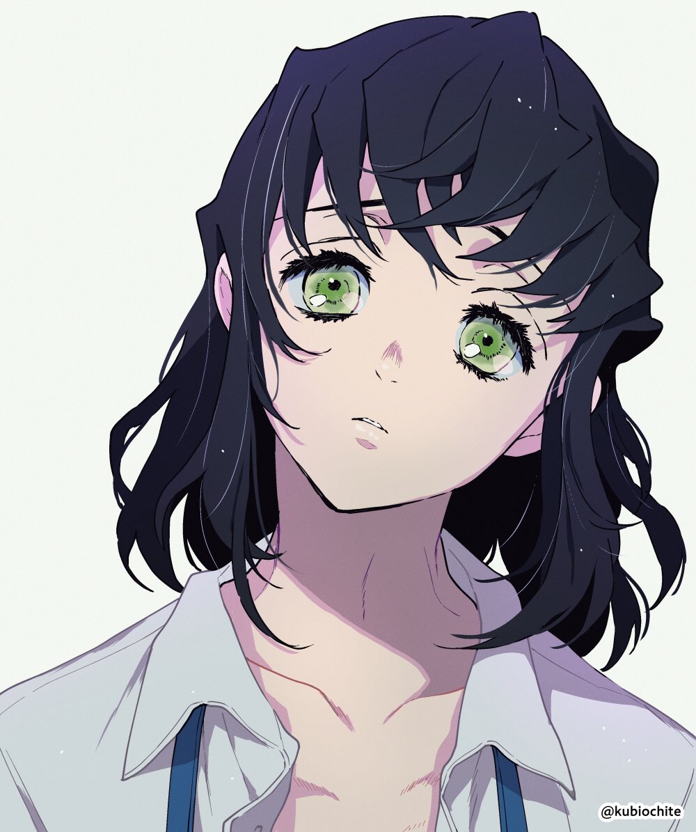 1boy, androgynous, bangs, black_hair, blue_ribbon, bob_cut, collared_shirt, dalc_rose, eyelashes, green_eyes, hashibira_aoba, head_tilt, kimetsu_no_yaiba, light_particles, looking_at_viewer, male_focus, medium_hair, parted_lips, portrait, ribbon, shirt, simple_background, solo, twitter_username, untied