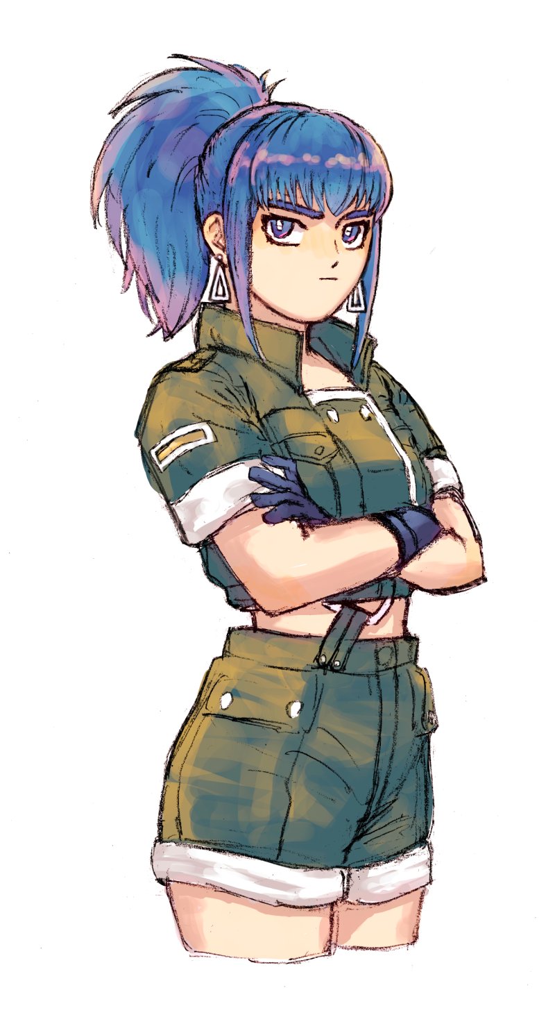 1girl, bamboobamboo68, bangs, black_gloves, blue_eyes, blue_hair, crop_top, crossed_arms